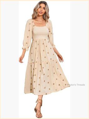 Long Sleeve Cotton Boho Midi Dress Square Neck Floral Embroidered Tiered Ruffle